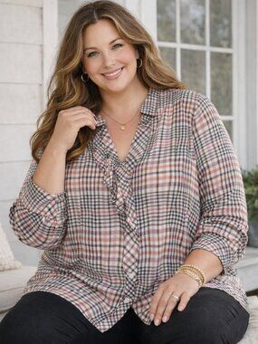 J Jill Blouse 2X Plaid Glen Check Ruffle V Neck Button Up Long Sleeve A Line NWT